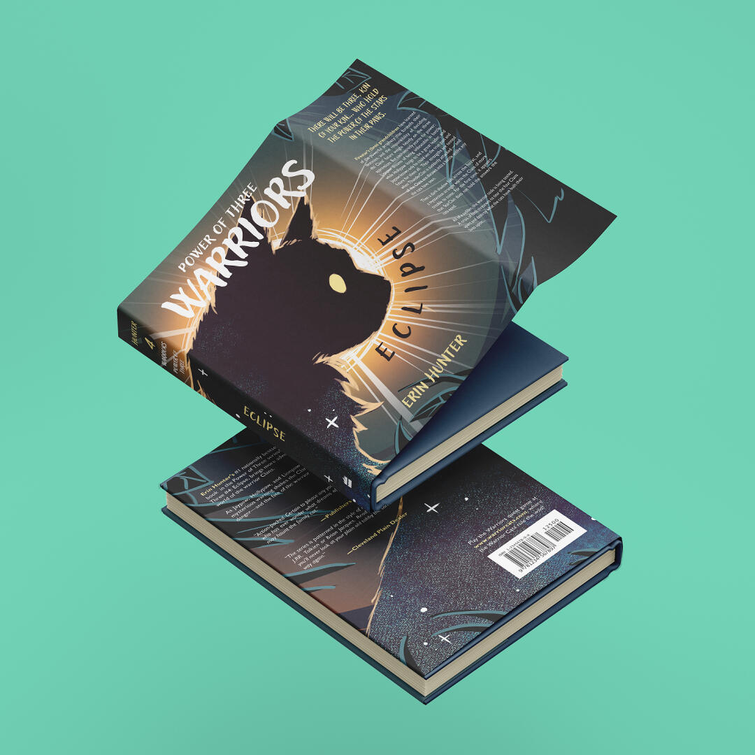 Redesign cover of the Warrior Cats novel titled "Eclipse", featuring a dark cat under a silhouette with sun rays around the edges